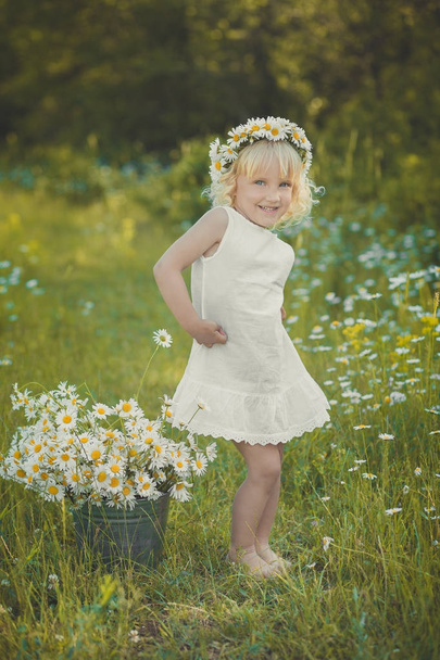 Cute young blond girl in white airy dress posing on daisy chamomile meadow with bouquet of flowers in hands basket metal bucket and wreath anademon top head smiling. - Foto, afbeelding