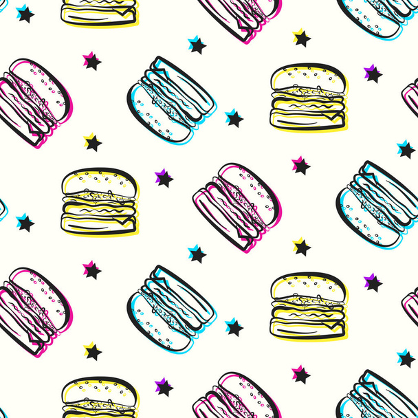 Bright party pattern with burgers and stars - Vetor, Imagem