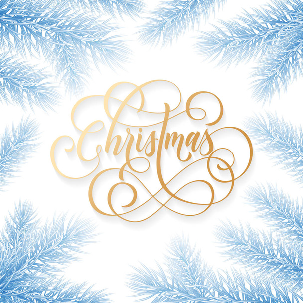 Merry Christmas holiday hand drawn quote golden calligraphy greeting card on blue frozen snow background template. Vector Christmas tree fir wreath branch decoration on white premium frost design - Vetor, Imagem