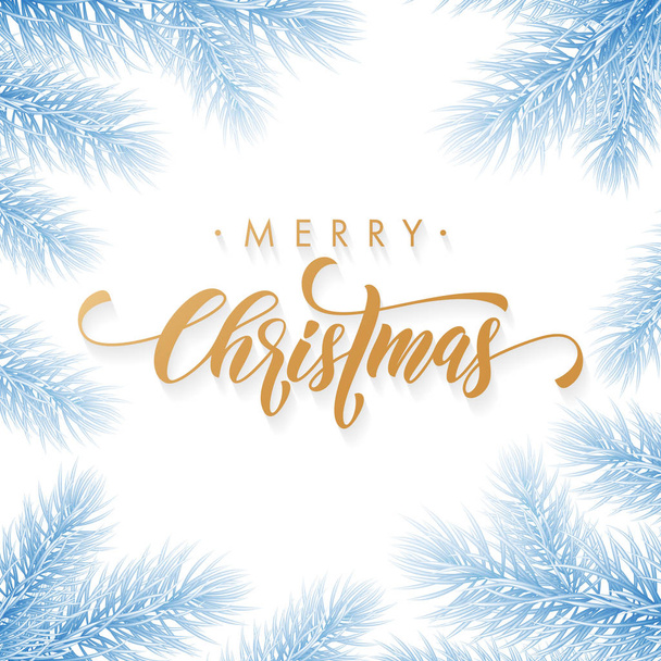 Merry Christmas holiday hand drawn quote golden calligraphy greeting card frozen blue snow ice background template. Vector Christmas tree fir or pine wreath branch decoration on white premium design - Вектор,изображение