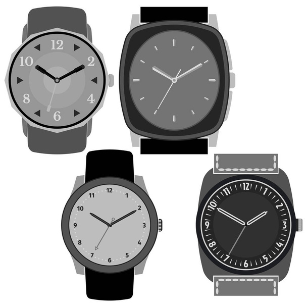 Conjunto de cuatro relojes en blanco y negro sobre fondo blanco
 - Vector, imagen