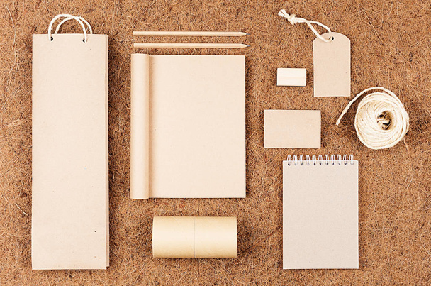 Eco blank packaging, stationery, gifts template of  kraft paper  on   brown coconut fiber background. - 写真・画像