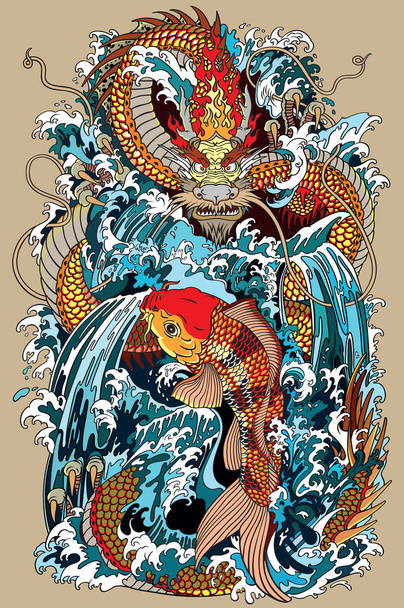 Koi-Karpfenfische und Drachentorillustration nach asiatischer Mythologie - Vektor, Bild