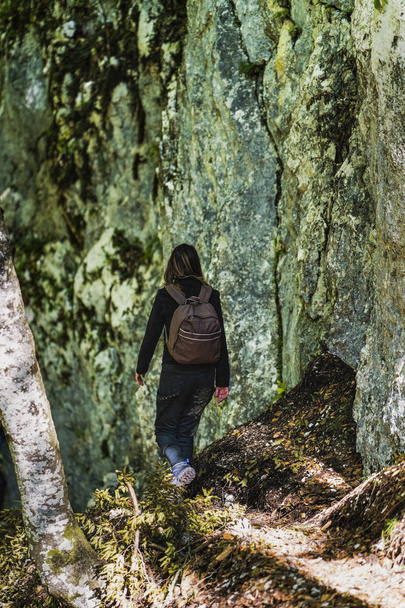 Femme randonneur avec sac à dos sur un sentier dans les bois
 - Photo, image