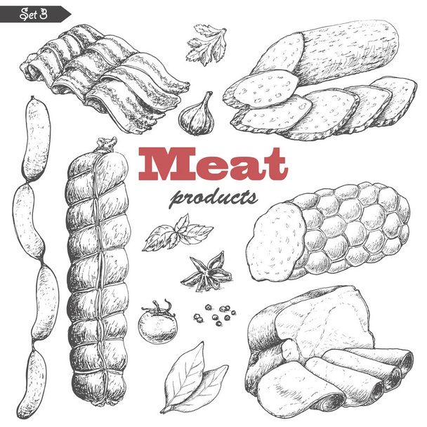 Vector set of isolated meat products - Vetor, Imagem