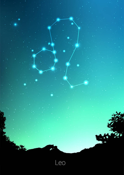 Leo zodiac constellations sign with forest landscape silhouette on beautiful starry sky with galaxy and space behind. Leo horoscope symbol constellation on deep cosmos background. Card design - Vetor, Imagem