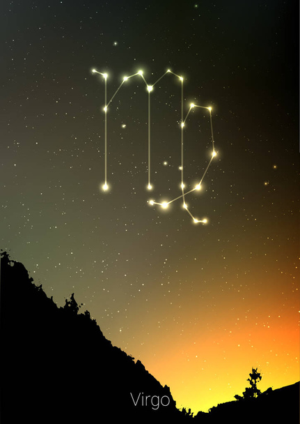 Virgo zodiac constellations sign with forest landscape silhouette on beautiful starry sky with galaxy and space behind. Virgo horoscope symbol constellation on deep cosmos background. Card design - Vecteur, image