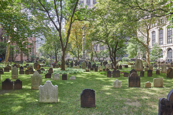 Trinity Church cemetery with green grass in a sunny day in New York - Photo, Image