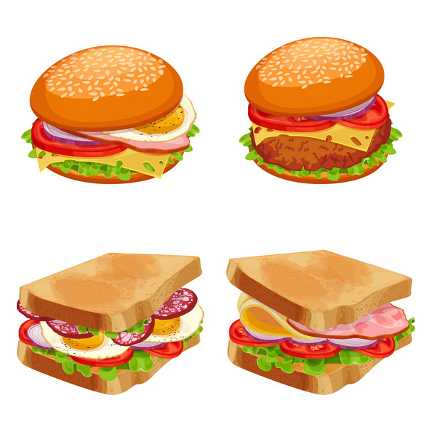 Set of burgers hamburgers and cheeseburgers with buns and bread - Vector, Image