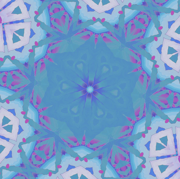 Abstract geometric background. Regular star ornament light blue, turquoise, purple and white, centered. - 写真・画像