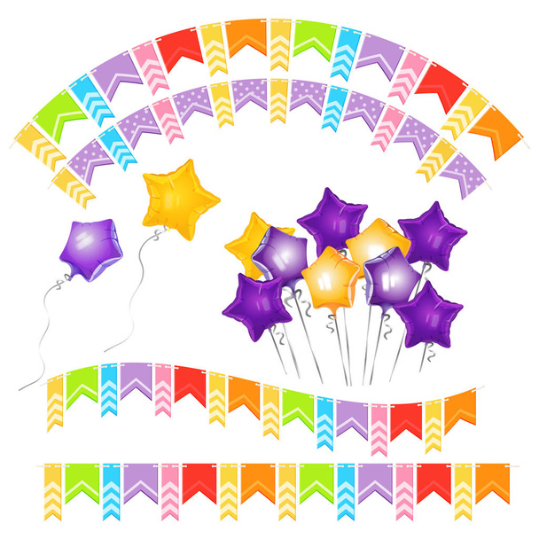 Luftballons in Form von goldenen fünfzackigen Sternen und buntem Papier - Vektor, Bild