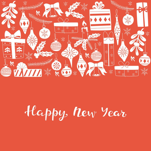 Happy New Year Greeting Card. Hand Drawn Lettering Illustration. - Vector, Imagen