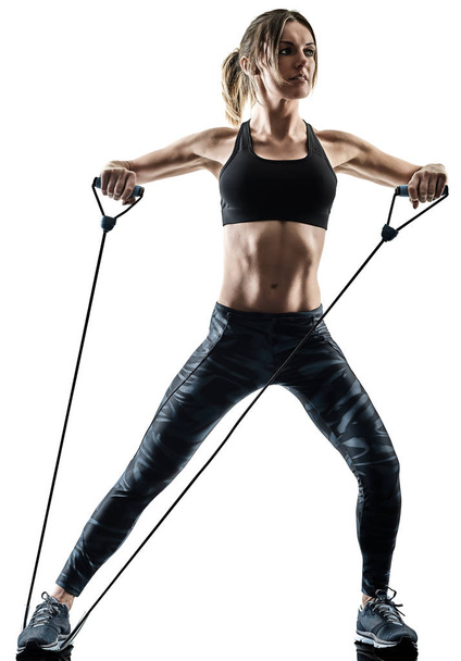 woman pilates fitness elastic resistant band exercises silhouett - Fotografie, Obrázek
