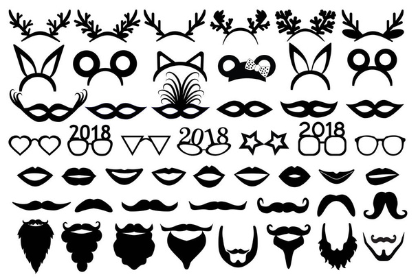 Juego de fiestas de Navidad (año nuevo). Cuernos, orejas, máscaras de carnaval, labios, gafas, bigote, barbas
. - Vector, imagen
