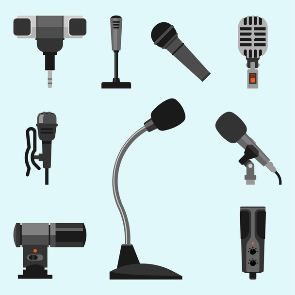 Mikrofony różnych typów ikon dziennikarz wektor wywiad muzyka nadawczych vocal tv narzędzie. - Wektor, obraz