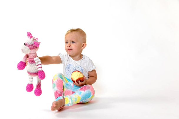 Studio shot of toddler girl holding red apple and fabric toy - Fotografie, Obrázek