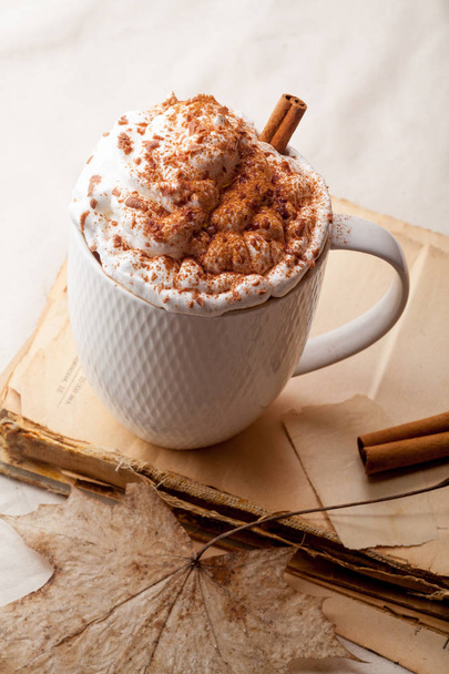 Cup of cocoa with cinnamon, whipped cream and chocolate. Textile background. Scandinavian winter concept. Vertical composition. Close up. - Foto, Imagem