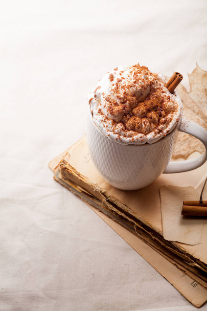 Cup of cocoa with cinnamon, whipped cream and chocolate. Textile background. Scandinavian winter concept. Vertical composition. - Fotoğraf, Görsel