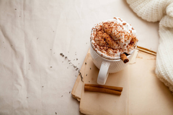 Cup of cocoa with cinnamon, whipped cream and chocolate. Textile background. Scandinavian winter concept. Horizontal composition with copy space. - 写真・画像