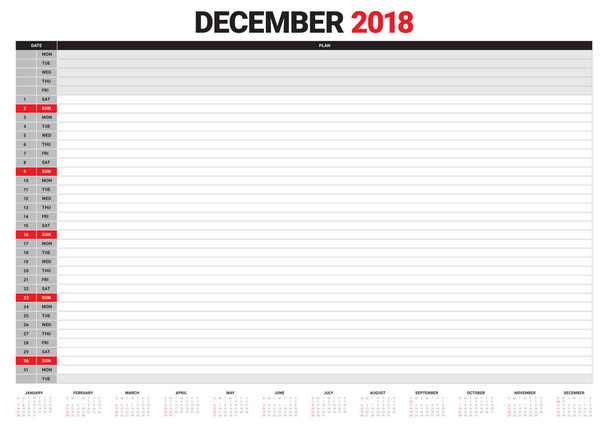 Diciembre 2018 planificador calendario vector ilustración
 - Vector, Imagen
