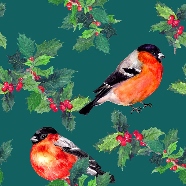 Holly branches and finch birds. Watercolor repeated pattern - Фото, изображение