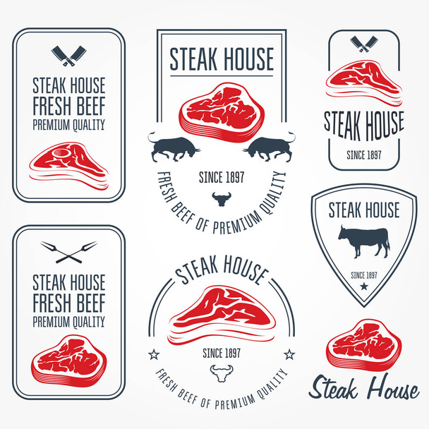 Стейк-хаус та м'ясні етикетки та емблеми - значок м'ясного магазину
 - Вектор, зображення