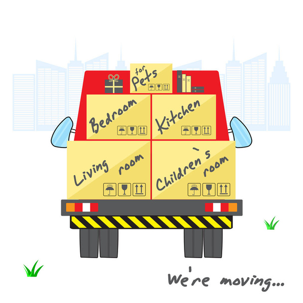 Transportation and home removal. Stylized house with boxes for moving on truck.  Red truck with cargo moving to the silhouette of the city. We're moving. - Vector, Image