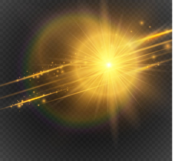 Conjunto de efeitos de luzes brilhantes douradas isoladas em fundo transparente. Flash solar com raios e holofotes
. - Vetor, Imagem