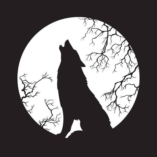 Silhouet van wolf howling op de volle maan vectorillustratie. Heidense totem, Wicca vertrouwd geest kunst - Vector, afbeelding