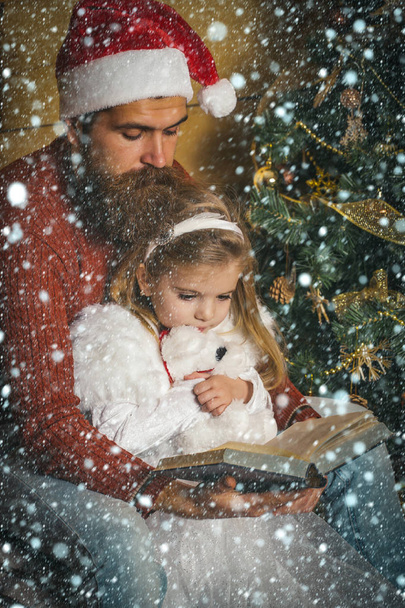 Santa claus kid and bearded man at Christmas tree. - Photo, image