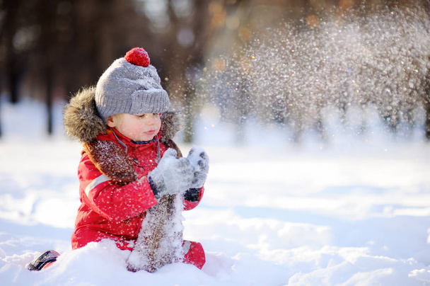 Little boy in red winter clothes having fun with snow - Φωτογραφία, εικόνα