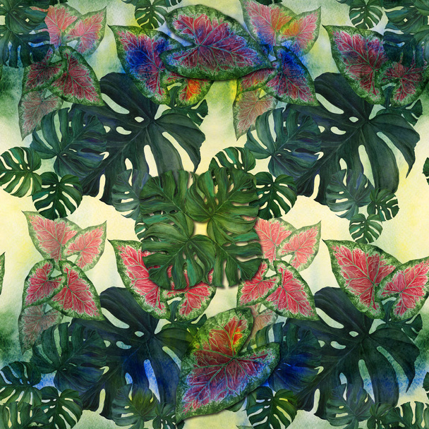 Large leaves of tropical plants. Decorative composition on a watercolor background . Watercolor drawing. - Fotó, kép