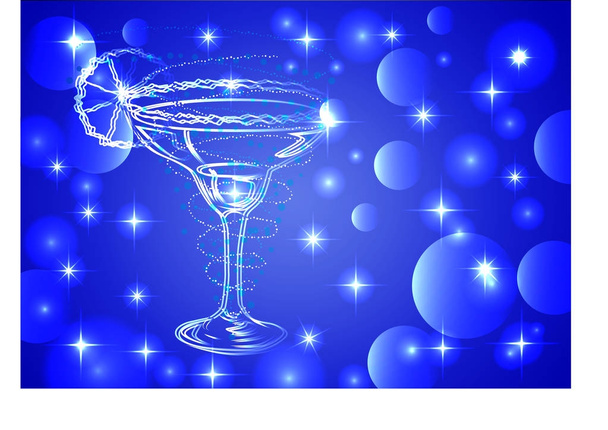 Three glasses of cocktail on a blue background with stars and lights, disco, club, neon glow - ベクター画像