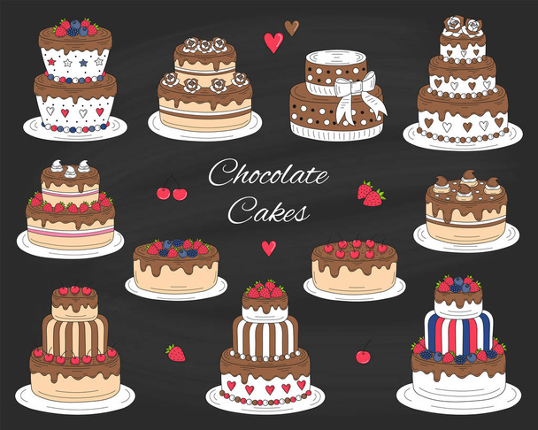 Chocolate cakes set, vector hand drawn, colorful doodle illustration. - Vector, Image