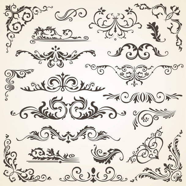 Set von Wirbelelementen für das Design. Kalligrafische Seitendekoration, Etiketten, Banner, antike und barocke Rahmen florale Ornamente. altes Papier - Foto, Bild