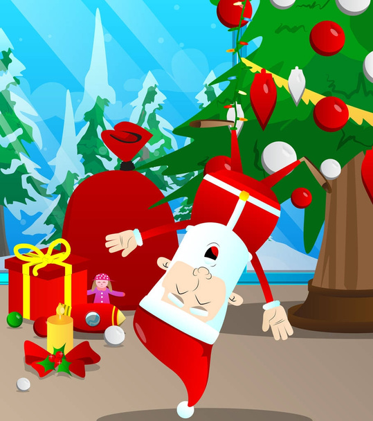 Santa Claus opknoping ondersteboven van een kerstboom. - Vector, afbeelding