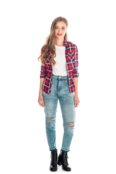 girl in checkered shirt and jeans - 写真・画像