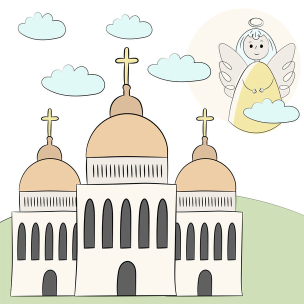 Vector church, temple, chapel with domes and crosses. Religion is Christianity Baptism. . Landscape, grass, angel in the clouds in the sky. Illustration hand draw. Style doodle - Vector, Image