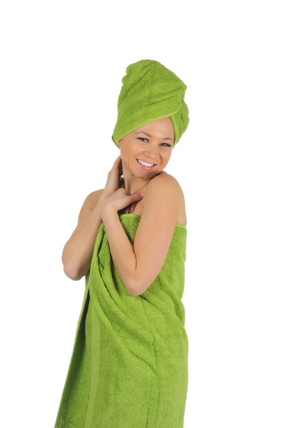Spa Girl. Beautiful Young Woman After Bath with green towel. isolated on white - Φωτογραφία, εικόνα