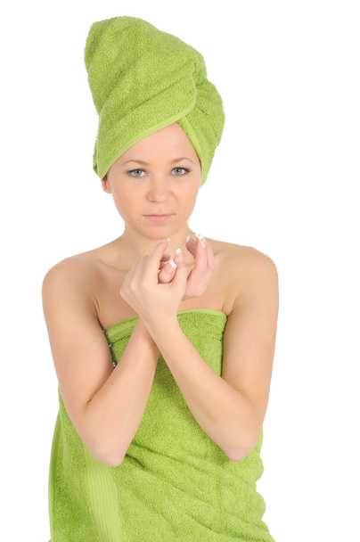 Spa Girl. Beautiful Young Woman After Bath with green towel. isolated on white - Fotografie, Obrázek