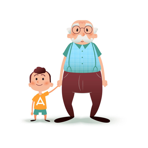 Avô e neto de mãos dadas. Menino e homem velho desenho animado ilustração vetorial. Conceito de família feliz
. - Vetor, Imagem