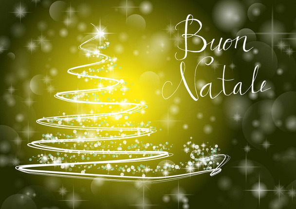 Árbol de Navidad abstracto sobre fondo amarillo brillante con la escritura "Feliz Navidad" en italiano "Buon Natale
" - Vector, Imagen