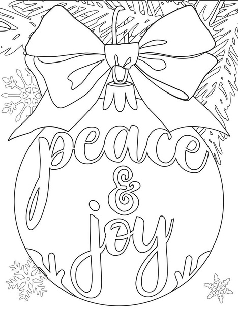 Peace and joy black and white poster with tree branch, decorations, ribbon and snowflakes. - Vektor, kép