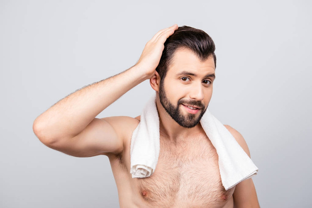 Close up portrait of attractive man, touching his hair, flirting - Φωτογραφία, εικόνα