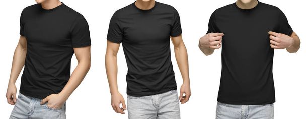 Mladý muž v prázdné černé tričko, čelní a zadní pohled, izolované bílé pozadí s ořezovou cestou. Šablona návrhu tričko muži a mockup pro tisk - Fotografie, Obrázek