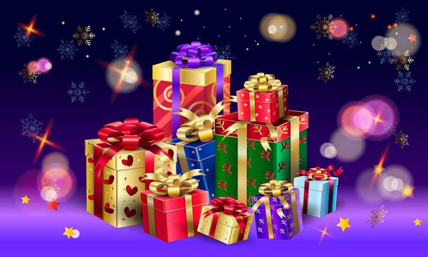 Gift Boxes for Christmas and New Year Winter Holiday, celebrate, beautiful gift box with satin ribbon isolated on bokeh lights background, presents, festive gift boxes, group, vector decorative illustration. Boxing Day Sale wallpaper - Vector, Image
