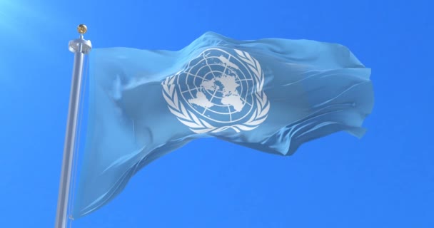 Vlag van de Verenigde Naties zwaaien op wind in het langzaam in blauwe hemel, lus - Video