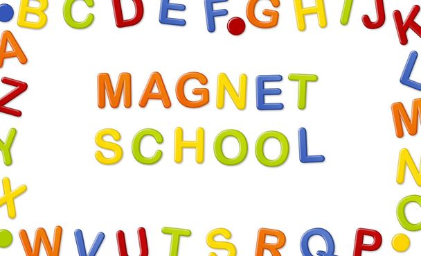 Educational Systems made out of fridge magnet letters isolated on white background: Magnet School - Photo, Image