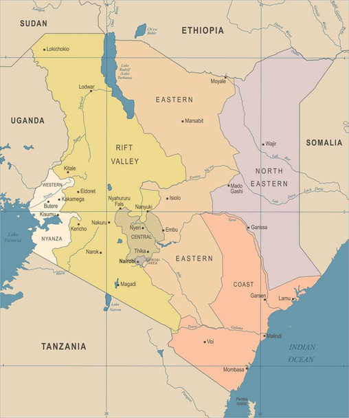 Mappa Kenya - Illustrazione vettoriale dettagliata vintage
 - Vettoriali, immagini