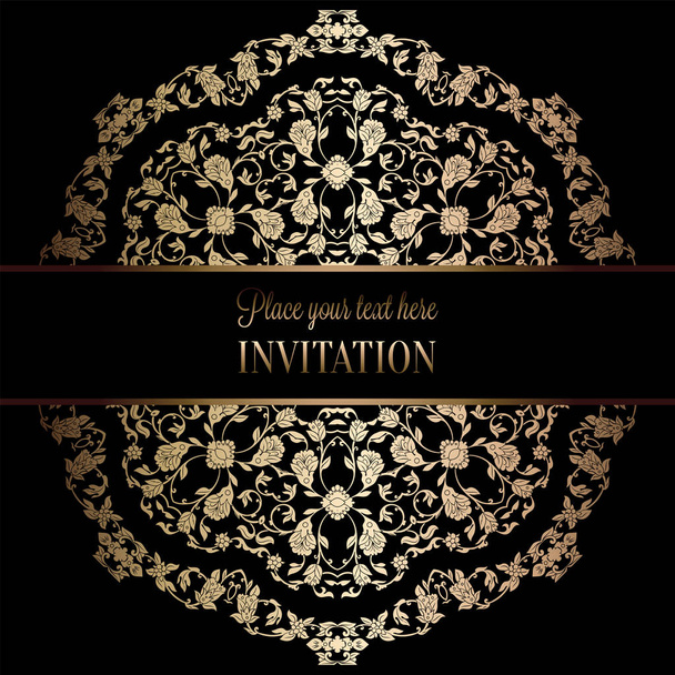 Vintage baroque Wedding Invitation template with damask background. Tradition decoration for wedding. Vector illustration in black and gold - Διάνυσμα, εικόνα